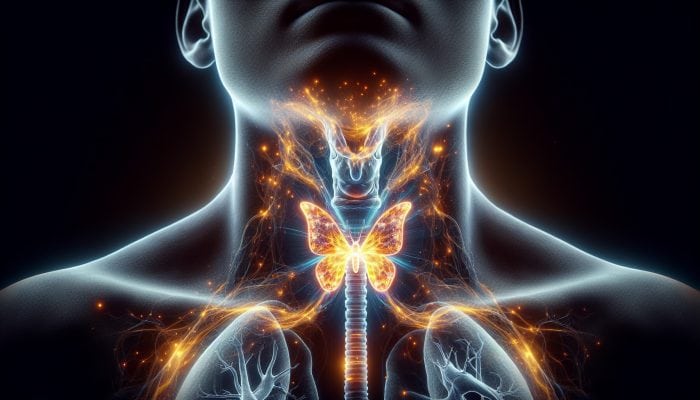 Detailed illustration of the thyroid gland located at the front of the neck, producing T3 and T4 hormones essential for metabolism and growth.