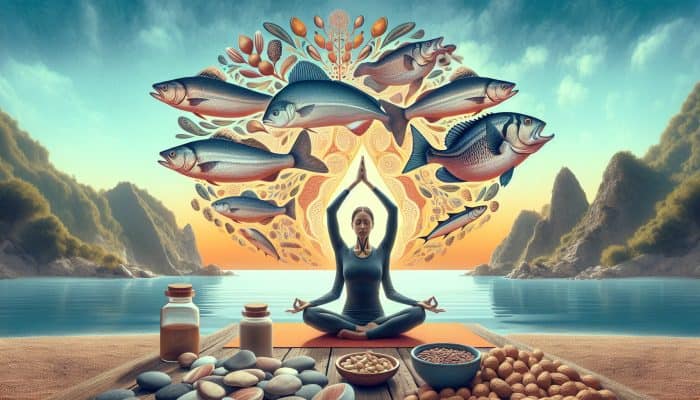 Individual practicing yoga near the sea, with fish and nuts representing support for thyroid health.