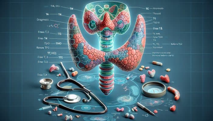 Illustration depicting various sections of the thyroid gland with labels for TSH, T4, T3, TPO, Tg, Free T4, Free T3, Reverse T3, and diagnostic tools.