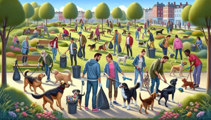 Dogs and their owners participating in a community cleanup, enhancing training and social skills within a park.
