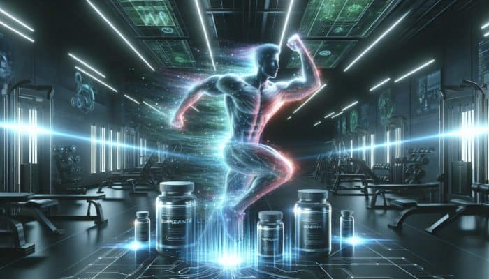 Athlete surrounded by glowing supplements, energy waves boosting power in a futuristic gym.