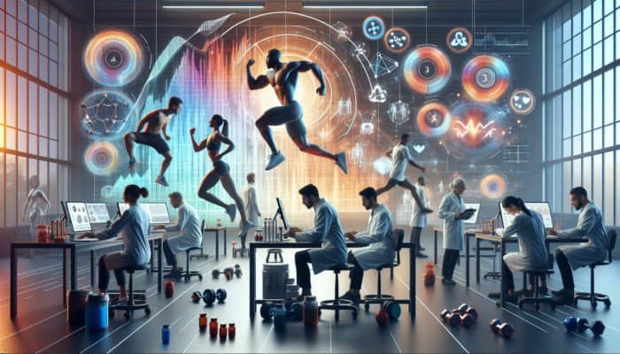 Scientists examining the effects of creatine on muscle power, with athletes training and performance charts.