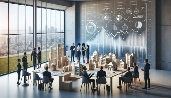 A modern office showcasing financial planning charts, blueprints, and models; team discussing strategies for property upgrades.