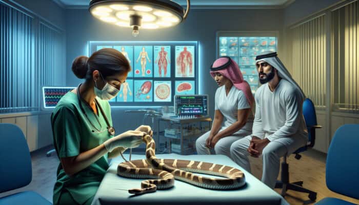 Veterinarian administering treatment to a pet after a snake bite in a clinic.