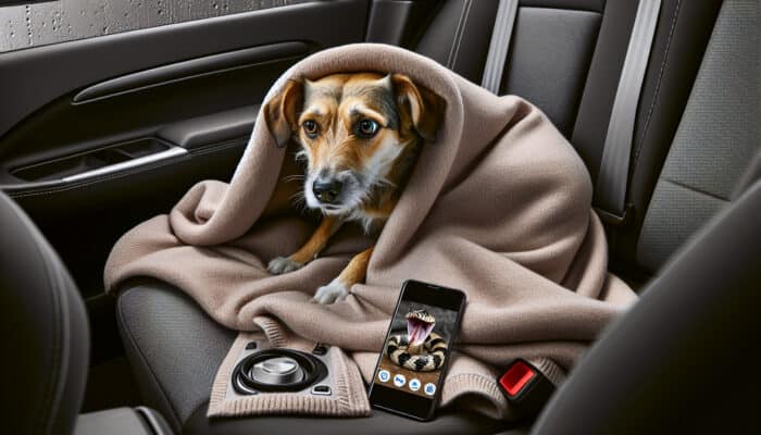 Anxious dog in a car on the way to the vet after a snake bite.