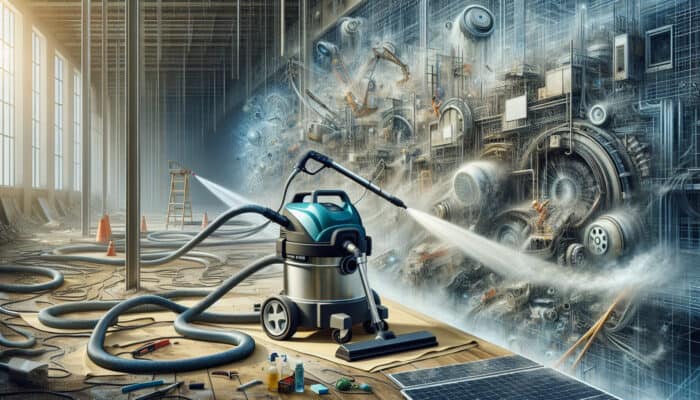 Using industrial vacuum and pressure washer for thorough post-clearance cleaning at a construction site.