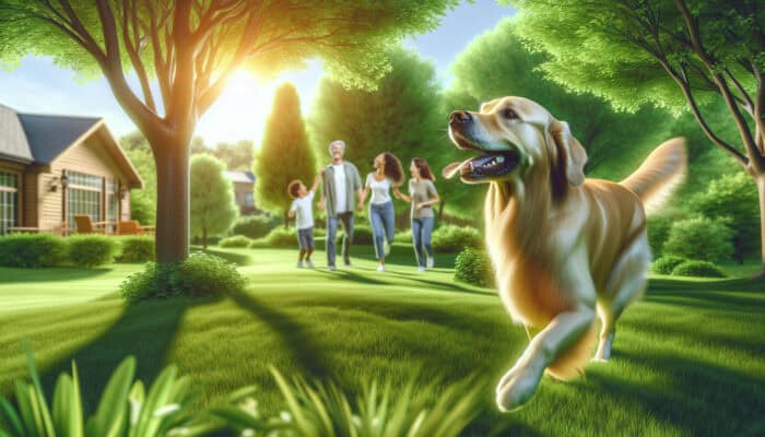 A joyful Golden Retriever playing fetch in a park, reinforcing family bonds.