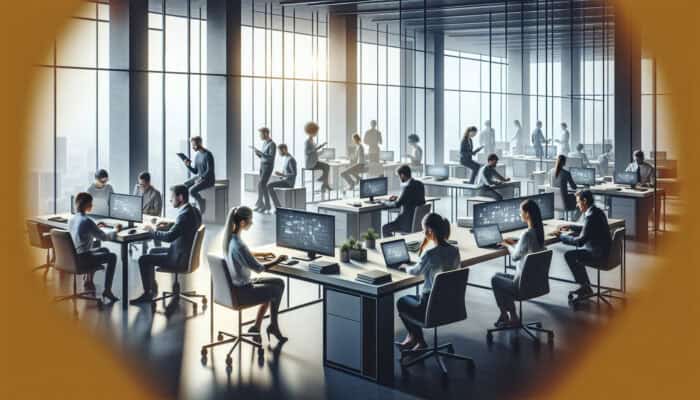 A diverse group of remote professionals using laptops and tablets to provide various support services in a modern office.