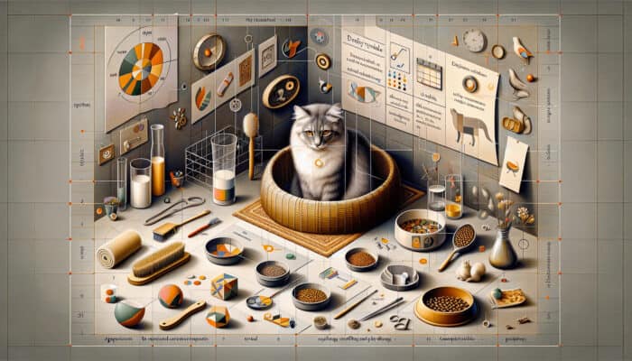 A cat receiving grooming, being fed, and playing, complemented by a daily care checklist and expert advice posters.
