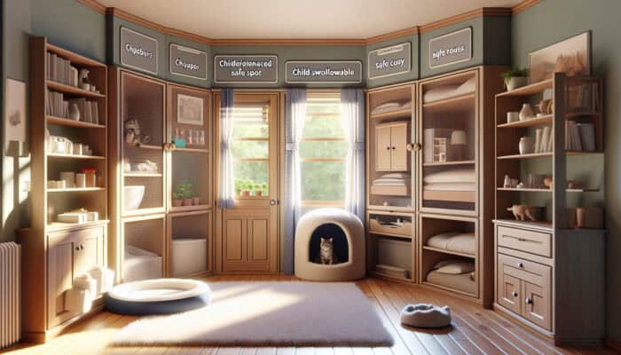 A secure room for a cat featuring screened windows, childproof locks, and a safe space, devoid of hazards.