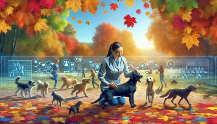 Pets frolicking in autumn leaves with icons representing vet check and health.