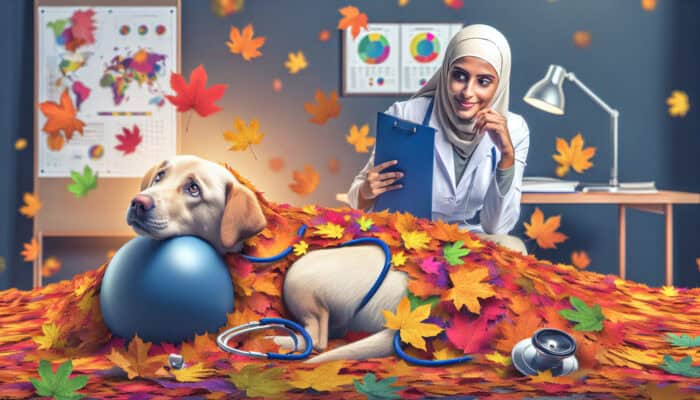 A dog playing in autumn leaves with a vet in the background, highlighting the need for regular health check-ups.