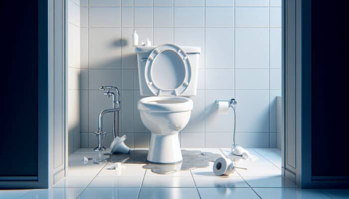 Toilet Repair Services in North Vancouver: Illustration of a modern bathroom toilet with common issues: clog, leak, faulty flapper.