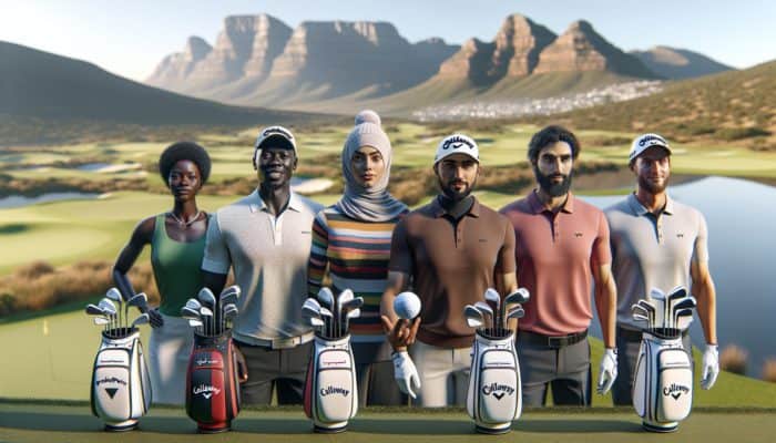 Golfers utilizing popular tees from PrideSports, Callaway, and TaylorMade on a picturesque South African course.