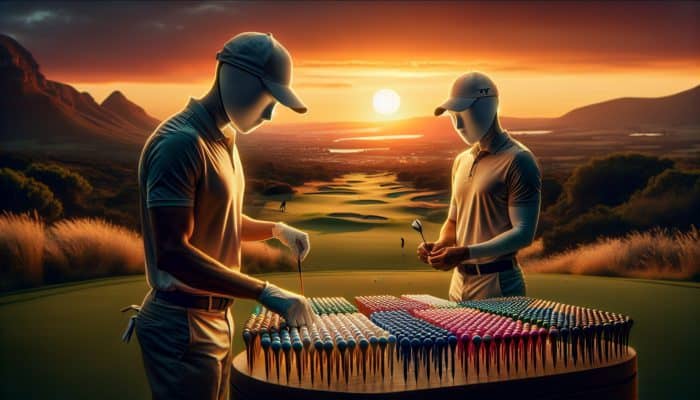Ernie Els and Louis Oosthuizen selecting wooden tees at sunset on a South African golf course.