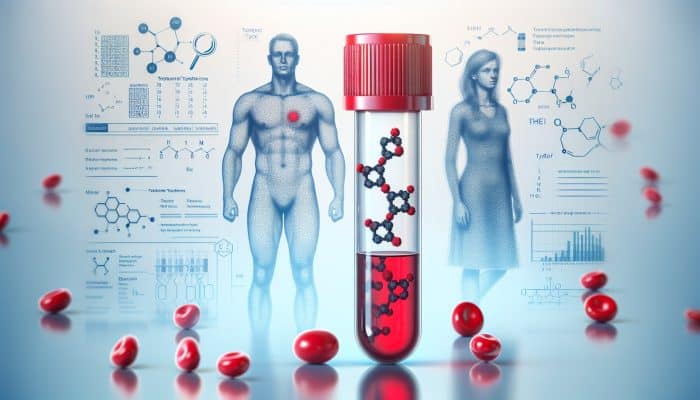 Testosterone Blood Test in Leeds: Illustration of testosterone blood test with hormone molecules and gender silhouettes.