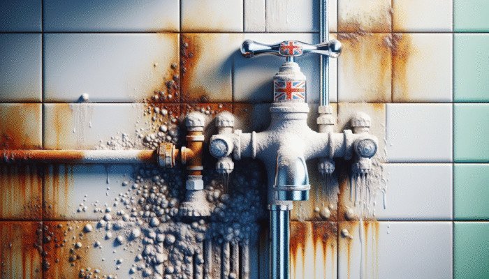 Modern UK bathroom with rust and limescale on fixtures and tiles, indicating a need for cleaning.