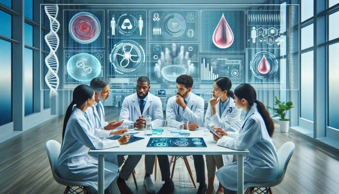 Diverse medical experts analyzing blood test results in Ashington lab.