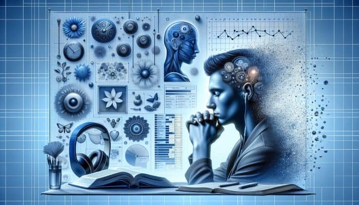 A serene person practicing deep breathing, surrounded by calming blue, with a book and headphones nearby.