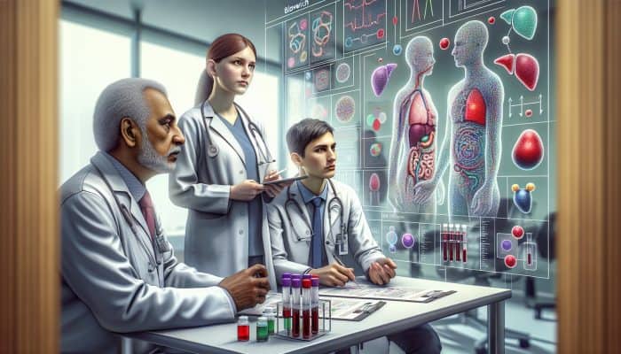 A medical illustration showcasing liver blood testing in a modern Bloxwich clinic, featuring healthcare experts and advanced equipment.
