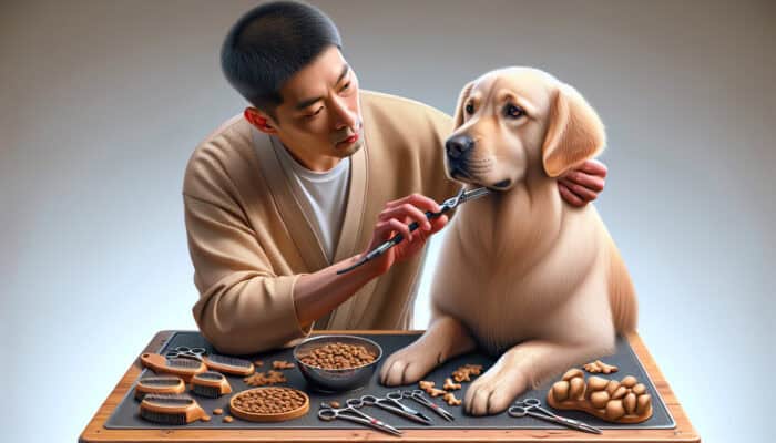 A focused groomer gently trimming a calm dog using fur trimming tools, with treats nearby for motivation.