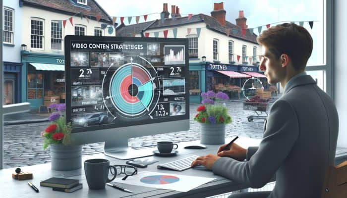 A small business owner in Totnes carefully developing a video content strategy that incorporates local market elements and goal-setting visuals.