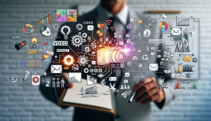 A small business owner in Totnes diligently plans video content, concentrating on sales strategies and brand awareness.