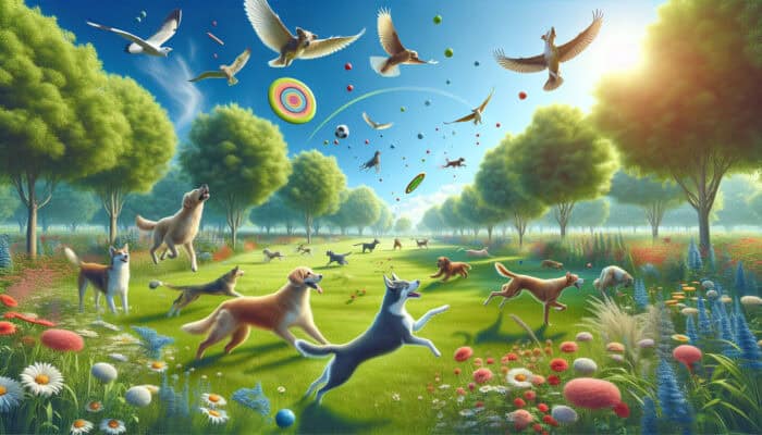 Energetic dogs joyfully playing fetch with frisbees and balls in a vibrant park under a clear sky.