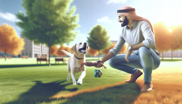 A dog owner observes their dog play fetch safely in a well-maintained park on a sunny day.