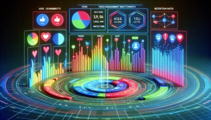 Digital dashboard displaying graphs of video engagement metrics by user sign-up month, with a focus on retention rates.
