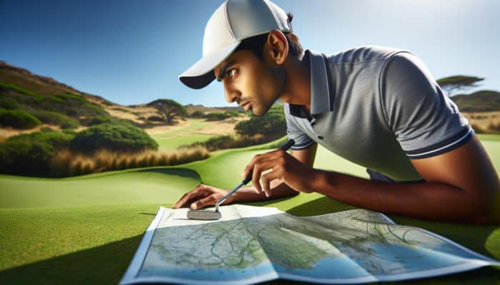 Golfer in South Africa analyzing green's slope with specialized putter and course map under bright sun.