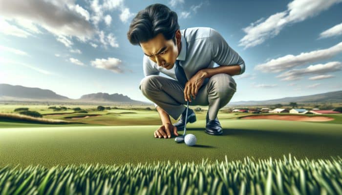 Golfer examining kikuyu grass grain on South African green, ball rolls slower against grain, distant hills.