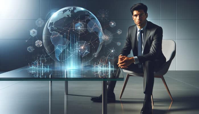 A business owner plans exit strategy, analyzing market trends and charts in a modern office.