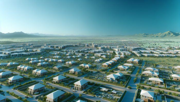 Aerial view of modern, affordable entry-level homes in Pietermaritzburg featuring gardens and community spaces.