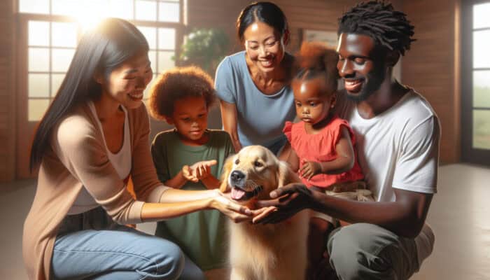A pet being lovingly handed over to a new, caring family, symbolizing responsible rehoming.