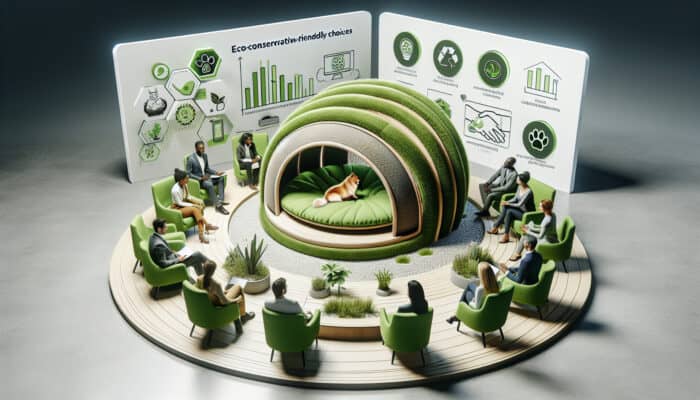 An expert discussing a cozy pet bed made from recycled materials in a serene, green-themed studio.