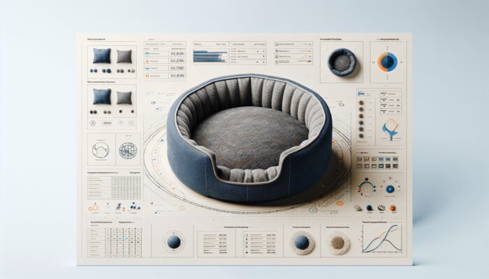 A modern pet bed made from recycled denim and bamboo, showcasing sustainable, soft, and hypoallergenic qualities.