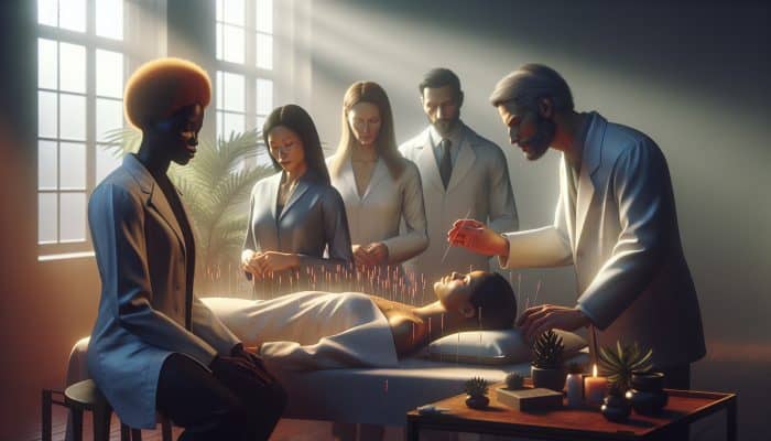 A serene acupuncture session for nerve pain treatment, with experts analyzing efficacy using charts.