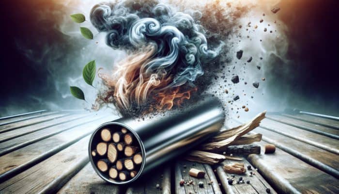 Stainless steel smoke tube with smoldering wood chips and swirling smoke on a barbecue grill.