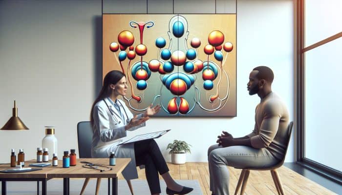 A patient and endocrinologist discussing testosterone results with charts in a Watford clinic.