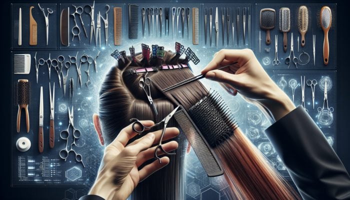 A hairstylist expertly sectioning hair into segments using clips and a comb in a vibrant salon environment.