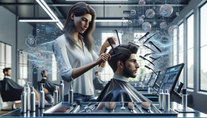A hairstylist showcasing various hair sectioning techniques with combs in a chic salon environment.