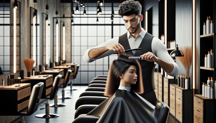 Hairstylist demonstrating the use of fine-tooth comb on straight hair and wide-tooth comb on curly hair in a modern salon.