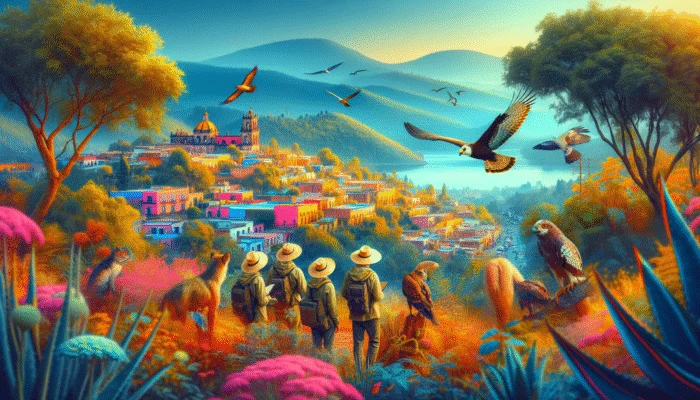 An expert leading a wildlife tour in a vibrant San Miguel de Allende landscape, showcasing exotic birds and local fauna.
