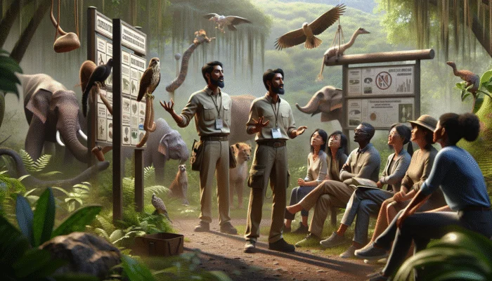 A guide explaining conservation challenges to a group in a lush habitat with educational diagrams and posters.