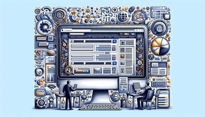 On-Page SEO in Plymouth for Small Business: A computer screen displaying a website with SEO elements highlighted, surrounded by icons representing search engines and user interaction.