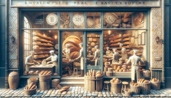 A busy Plymouth bakery showcasing fresh bread and promotional materials for local SEO visibility.