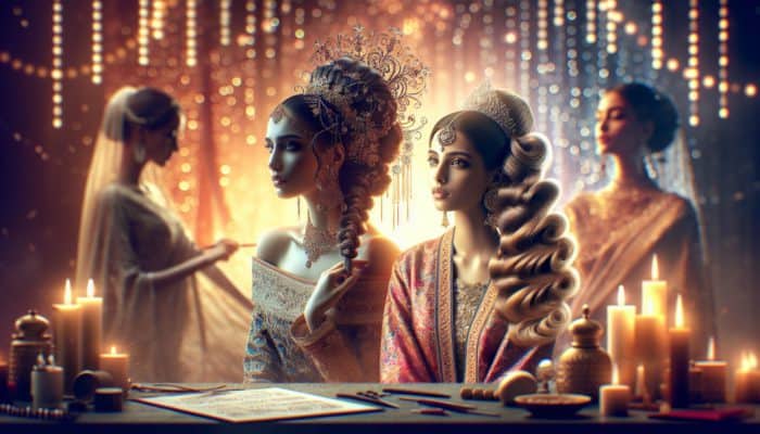 Elegant women with diverse festive updos, styled by experts, in a vibrant, celebratory atmosphere.