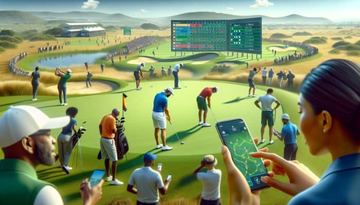 Best Golf Apps for Tournament Play: South African golfers utilizing mobile applications for real-time scores and leaderboards on lush greens under sunny skies.