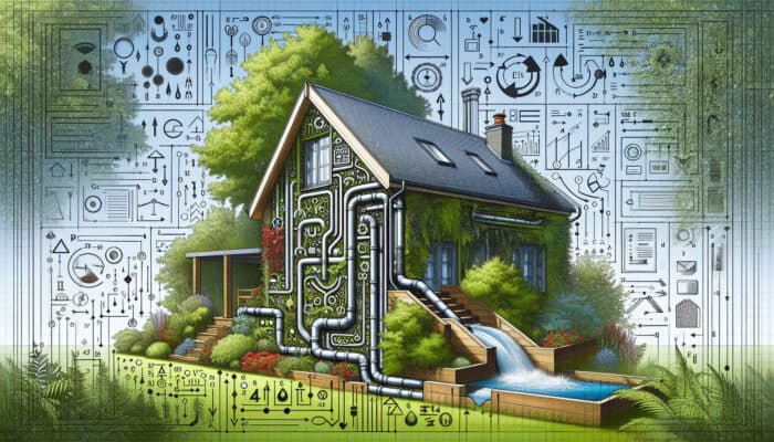 Diagram of a modern downspout drainage system with expert annotations, set against a Surrey home background.